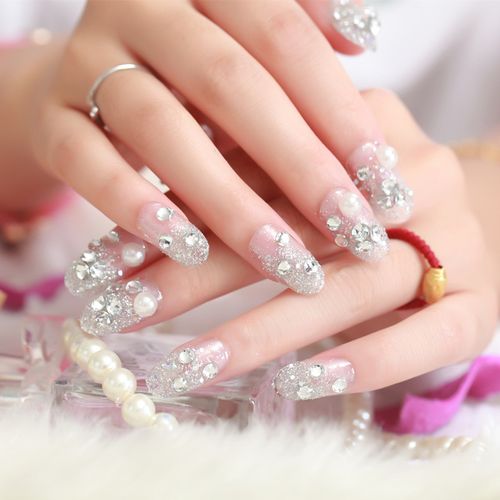 24片银色宝珠影楼新娘美甲指甲贴片穿戴可拆卸美甲产品假指甲批发